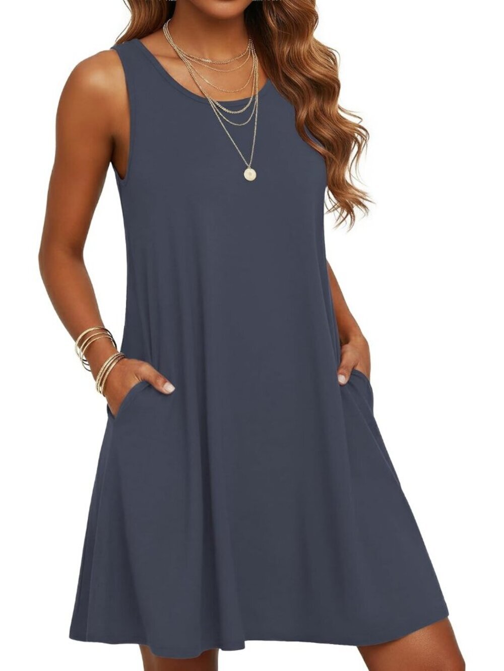 Women's Purple Grey Casual Sleeveless Tank Round Neck Knee Length Mini Dress